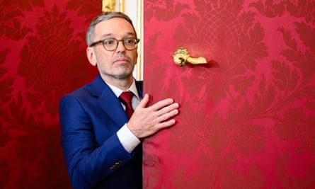 The chairman of the Freedom party, Herbert Kickl, leaves after a meeting with Austrian president.