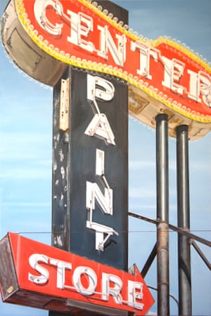 The neon sign paintings of  artist Terry Thompson in homage to Ed Ruscha and Edward Hopper.
