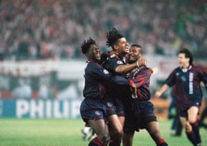 Clarence Seedorf, Frank Rijkaard, Finidi George and Jari Litmanen celebrate their victory over Milan.