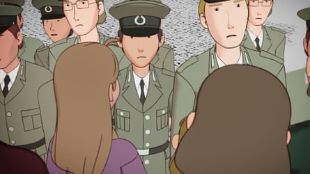 Animation of menacing looking Stasi agents in their uniforms talking to people