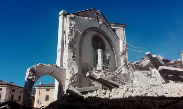 The Basilica of San Benedetto after the earthquake in Norcia.