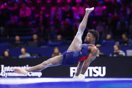 Frederick Richard competes in the men’s floor exercise final at the world gymnastics championships in Rotterdam on Saturday, where he won his first world title.
