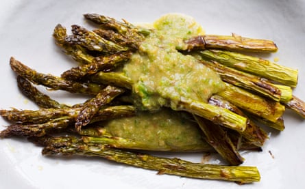 Sharper spears: roast asparagus, green chillies and lime.