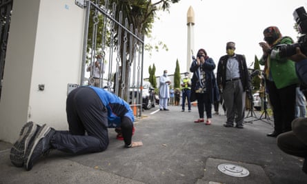 Temel Ataçocuğu arrives at Masjid al-Noor in Christchurch, New Zealand on 15 March 2022. He had walked 360km from Dunedin to Christchurch, following the gunman’s route to the massacre.