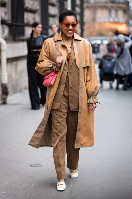 Tamu McPherson wears a coloured co-ordinated look during Paris fashion week.