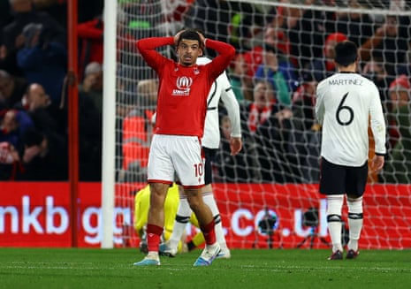 Nottingham Forest's Morgan Gibbs-White reacts after missing a chance to score in the Carabao Cup semi-final, first leg between Nottingham Forest and Manchester United.