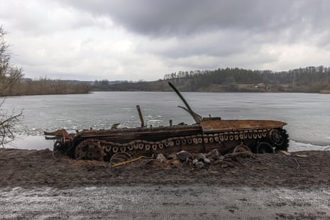 A destroyed Russian tank seen in Trostyanets in the Sumy region of Ukraine.
