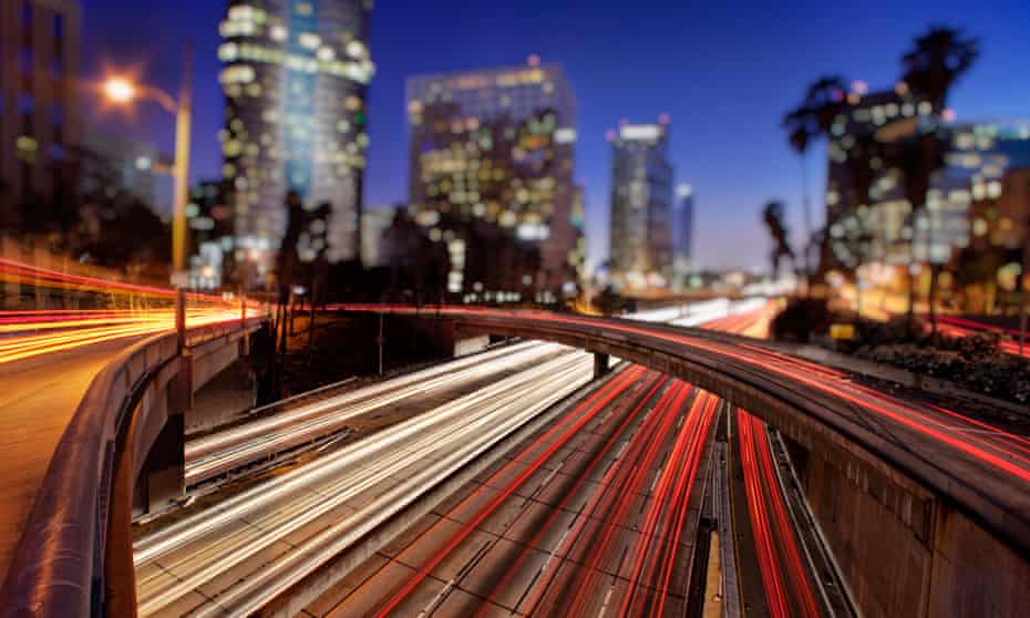 Car trails of the freeways of downtown Los Angeles at night