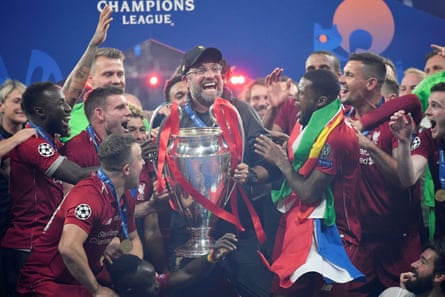 Jürgen Klopp holds the 2019 Champions League trophy after Liverpool beaten Tottenham in the final
