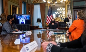 US Vice President Kamala Harris is meeting with labor leaders, including Randy Weingarten of the American Federation of Teachers, right.