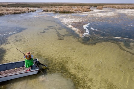 The low water level means boat operators are forced to use wooden poles to push their boats along.