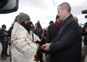 Clinton Pryor with opposition leader Bill Shorten after completing his 5581km walk for justice from Perth on the forecourt of Parliament House, Canberra this afternoon, Tuesday 5th September 2017.