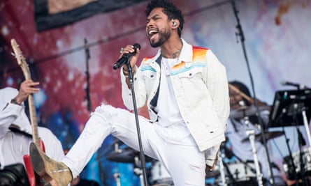 Best foot forward: Miguel performs at the 2016 Wireless Festival in London’s Finsbury Park.