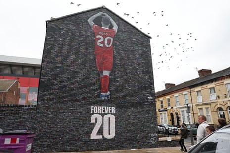 A mural commemorating the late Diogo Jota, who scored his final goal for Liverpool to beat Everton at Anfield in April.