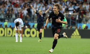Croatiaâs Luka Modric celebrates scoring their second goal.