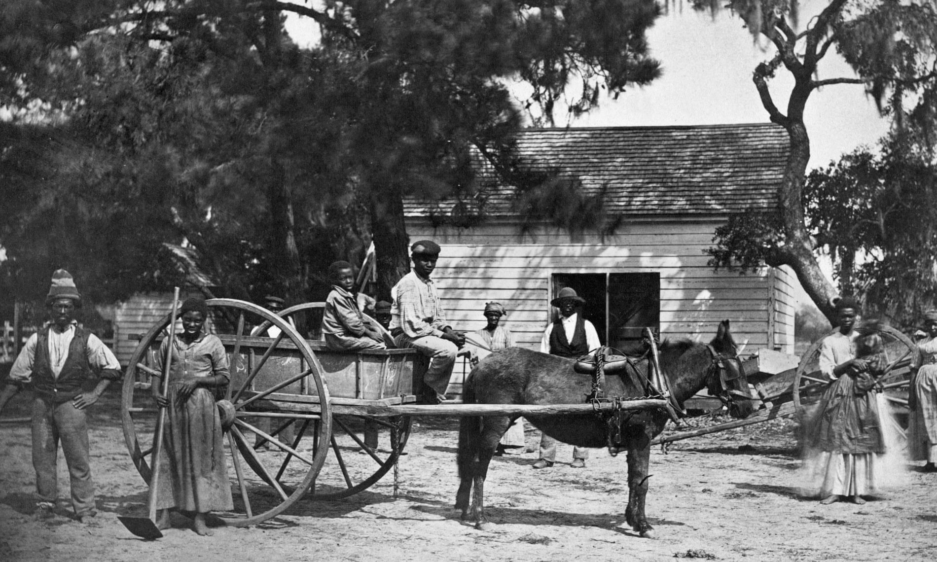 A photo showing a group of African American slaves at the Cassina Point plantation of James Hopkinson on Edisto Island, South Carolina.