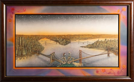 Psychedelic painting of two skeletons sitting over San Francisco Bay