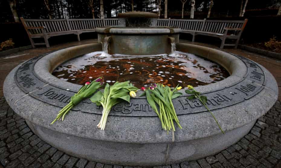 A memorial fountain in the garden of remembrance at Dunblane cemetery. The names of all the children and their teacher who were murdered in the shooting are inscribed
