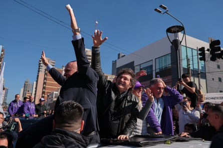 Argentinian President Javier Milei, his sister and presidential adviser Karina Milei and political ally Sebastian Pareja are seen during a political rally.