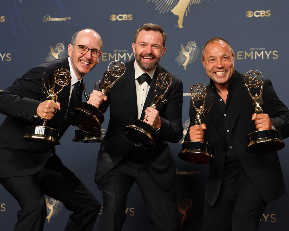 Writer Jack Thorne, director Philip Barantini and actor Stephen Graham celebrate their Emmy wins for Adolescence