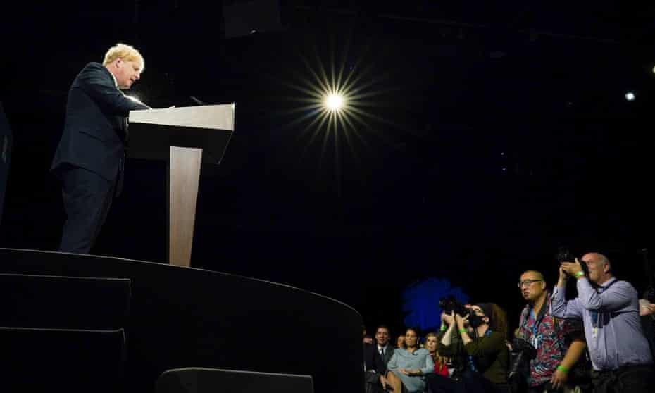 Boris Johnson addresses the Conservative party conference in Manchester on 6 September