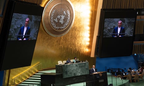 Amirabdollahian speaking to an emergency special session of the United Nations General Assembly at UN headquarters in New York City.