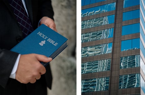 Left:hands holding a bible.Right: High rise building reflected in another high rise building.