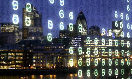 City of London office blocks and the Thames overlaid with binary code and glowing numbers.