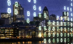 Night time City of London office blocks overlaid with binary code and glowing numbers