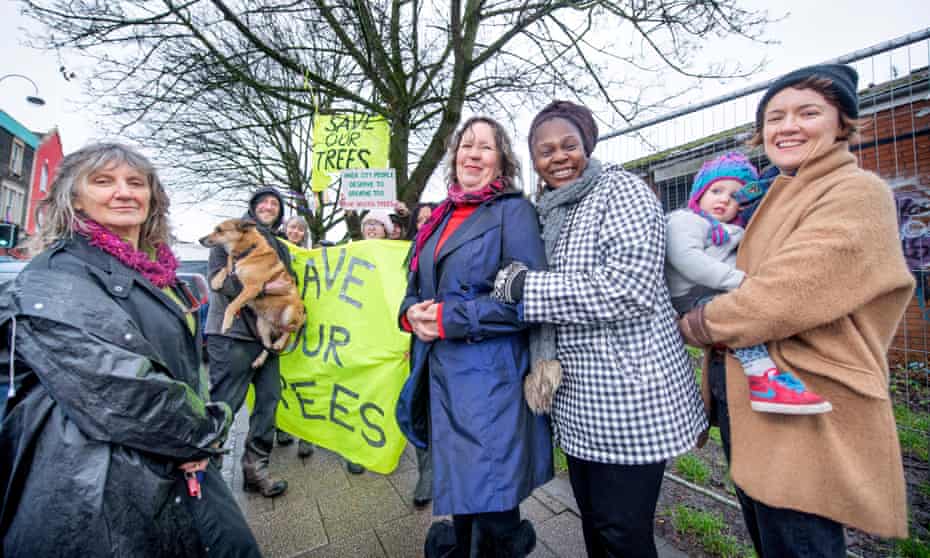 Protesters Amirah Cole, Anita Bennett, Rachel Lamp (with daughter Mimi) and Suzan Sadie maintain their vigil on Lower Ashley Road, Bristol