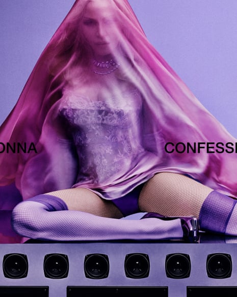 Album cover art shows Madonna doing a cross legged pose with a purple veil over her head