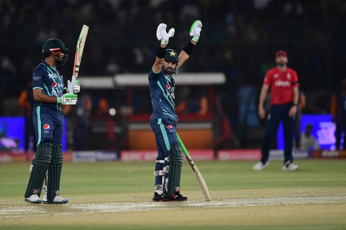 Pakistan v England: first men’s T20 cricket international – live | Pakistan v England 2022 6 Rizwan celebrates scoring a half century.
