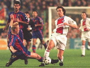 David Ginola in action for Paris Saint-Germain at Barcelona in 1995. An earlier Bosman ruling would have allowed him to move to the Camp Nou.
