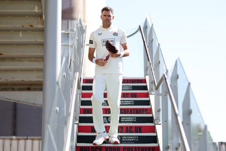 Jimmy Anderson heads on to the field on day two of Lancashire v Derbyshire.