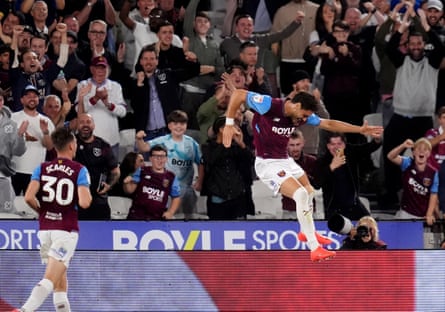 Konstantinos Mavropanos celebrates after scoring West Ham’s fourth