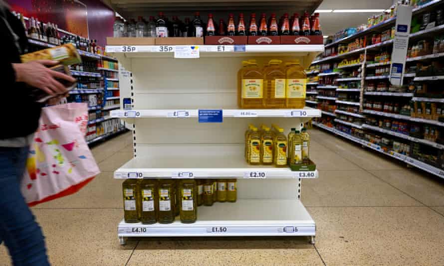 Sunflower oil shelves are seen partially empty in Tesco this month, as the Ukraine war leads to shortages and surging prices.