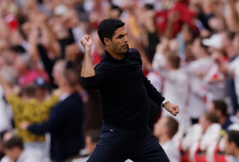 Arsenal manager Mikel Arteta celebrates after Bukayo Saka scores their second goal.
