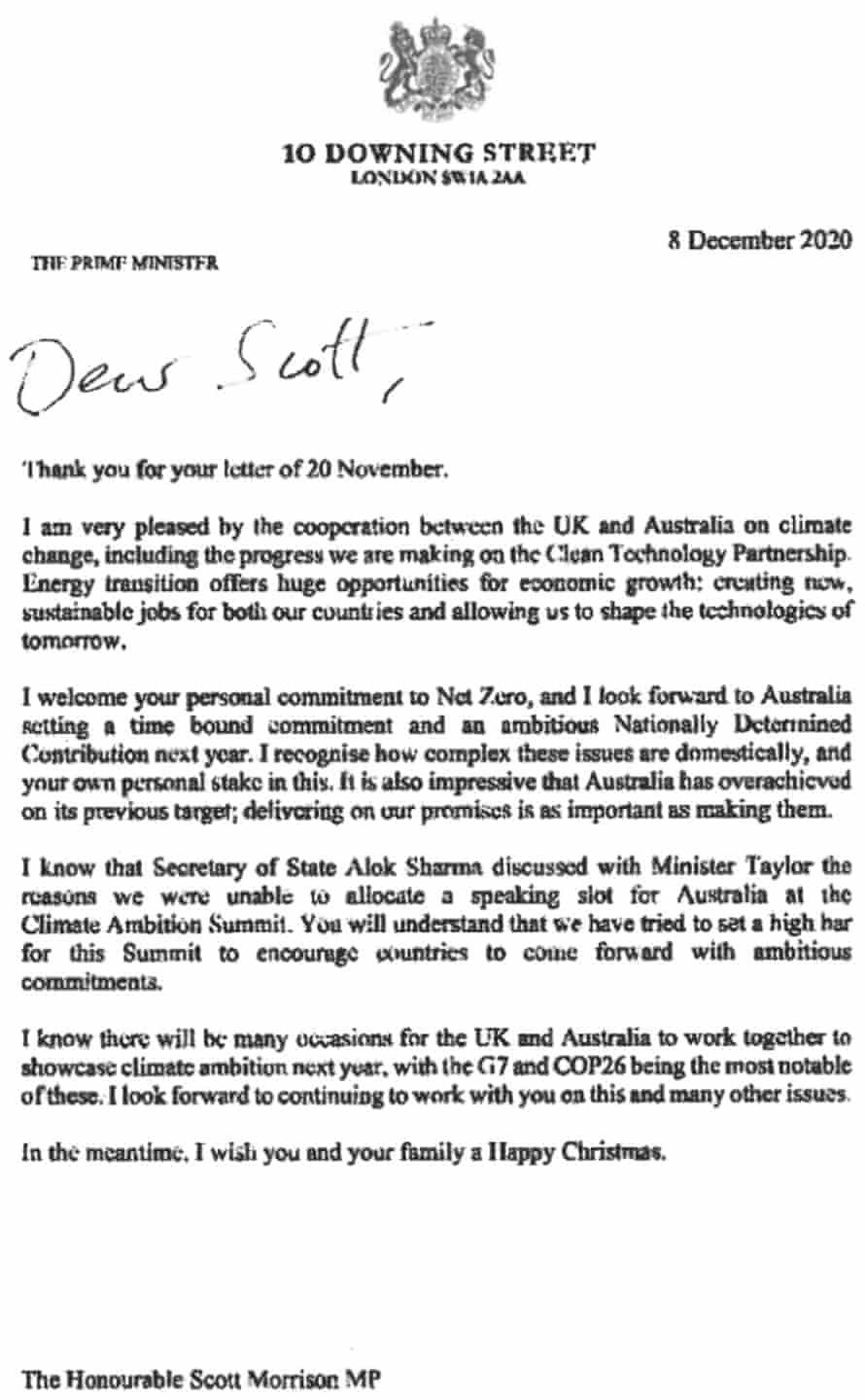 Letter from British prime minister Boris Johnson to Australian prime minister Scott Morrison