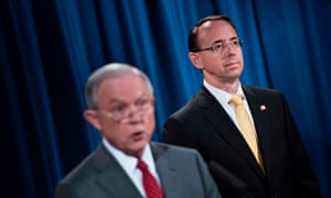 Rod Rosenstein with Jeff Sessions. At least one colleague to whom Rosenstein mentioned wearing a ‘wire’ to record Trump thought Rosenstein was speaking sarcastically, the Times reported.