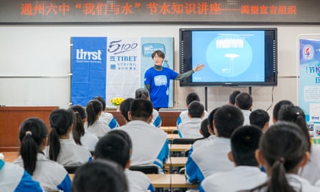 Students at a school in Beijing hear about saving water and China’s water scarcity. 