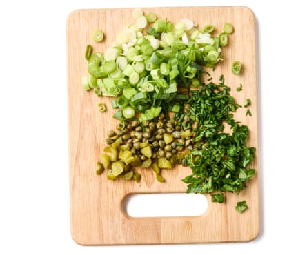 Felicity Cloake’s murphy crockery 08a. Spring onions, capers, gherkins each for nan murphy crockery mayo dressing.
