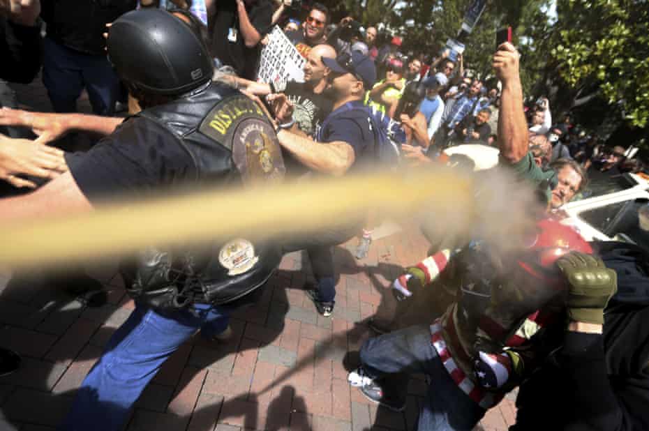 Pepper spray is used during competing protests in Berkeley, California, in April 2017.