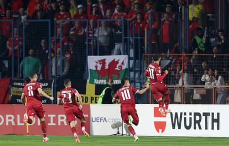 Armenia's Lucas Zelarayan celebrates scoring their first goal against Wales.