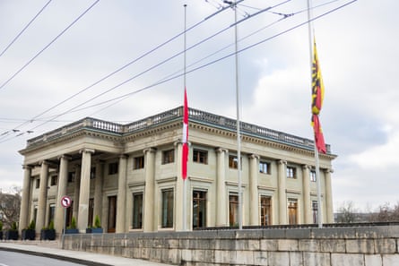 Swiss flag at half-mast in front Eynard Palace in Geneva