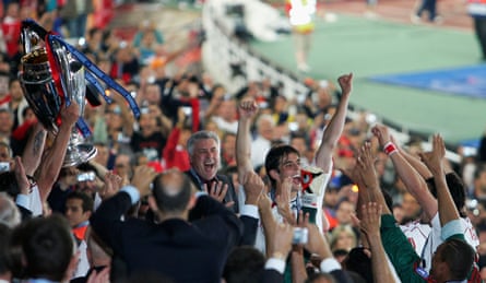 Carlo Ancelotti and Kaká celebrate as Milan win the Champions League in 2007.