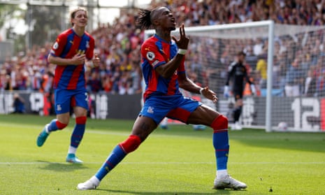 Crystal Palace's Wilfried Zaha celebrates his goal for Crystal Palace against Manchester United.