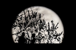 A couple are silhouetted against the rising full moon as they gather at a park in Kansas City.
