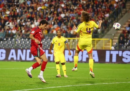 Brennan Johnson’s equalising header flies past Wout Faes