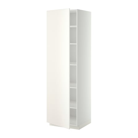 A tall white cabinet with the door open to show the five shelves inside