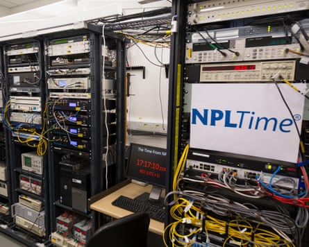 Server racks linked to atomic clocks at the National Physical Laboratory, with a digital time display